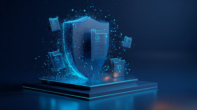 Modern data security shield protecting digital files, ensuring privacy and compliance with cutting-edge technology, a futuristic cybersecurity solution
