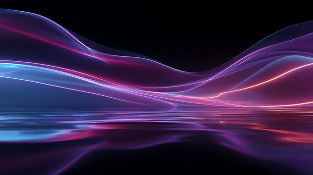 Stunning abstract waves with vibrant neon glow reflecting on water surface, ideal for modern design projects and futuristic backgrounds, impactful and dynamic
