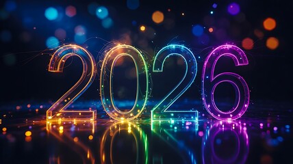 Colorful 2026 new year text glowing with vibrant lights and festive bokeh background
