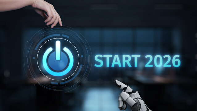An imaginative digital scene displaying the interaction between a human hand and a robotic hand engaging with a glowing power symbol, signifying the start of innovation in 2026. Synapse
