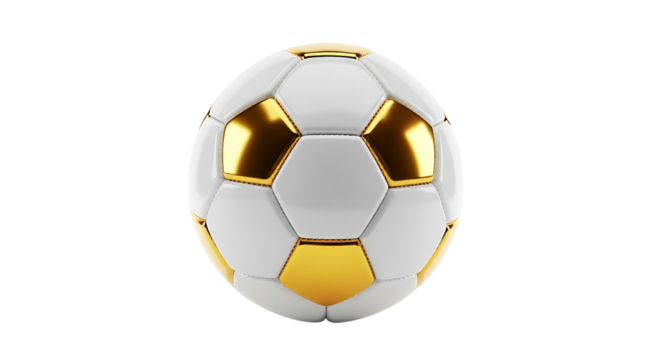 A modern soccer ball with gold accents, isolated on transparent background