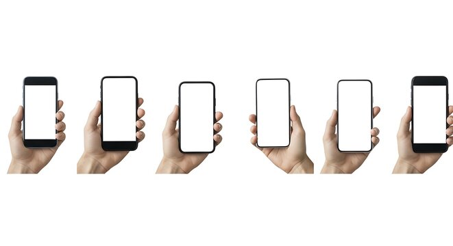 Multiple hands holding smartphones with blank screens, isolated on white background mockup background image