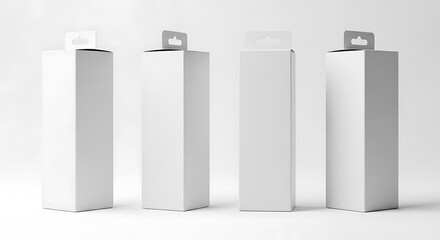 Four blank white cardboard boxes with hanging tabs, isolated on white background mockup background image