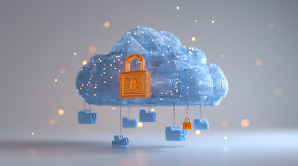 Secure data in the cloud with modern encryption: Orange padlock protecting sensitive files, conceptual cloud computing security for digital business solutions