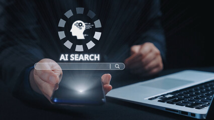 Fototapeta premium AI search engine systems enhance SEO data access. Intelligent search engines powered by AI improve search results. AI-driven search tools help process and retrieve relevant AI information. Elide