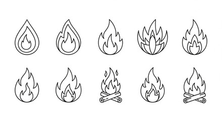 Set of fire flame icons simple outline vector design elements isolated on white background