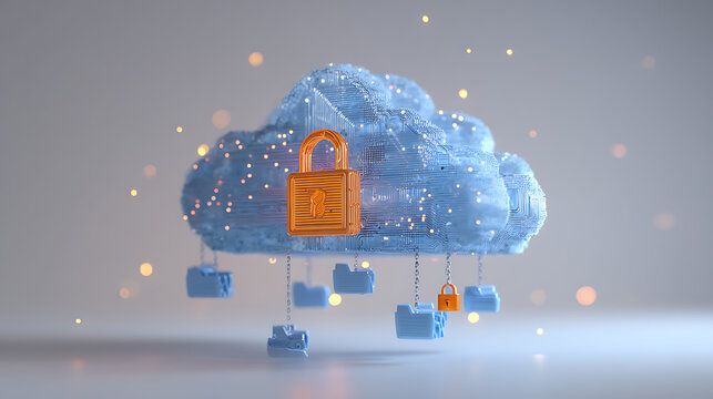 Secure data in the cloud with modern encryption: Orange padlock protecting sensitive files, conceptual cloud computing security for digital business solutions