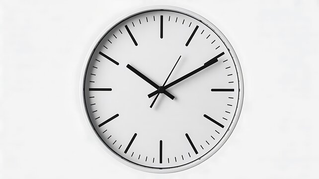 Minimalist wall clock on white background showing time concept and punctuality
