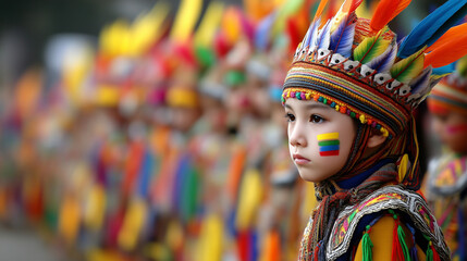Child wearing traditional colorful feather headdress during vibrant Junkanoo Festival street parade celebration
