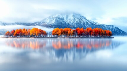 A picturesque autumn scene featuring a line of trees with fiery orange and red foliage reflected in a tranquil lake, with snow-dusted mountains rising in the di