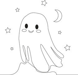 Cute friendly ghost with stars and moon line art for halloween