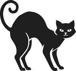 Stylized black cat silhouette, arched back, curled tail, vector