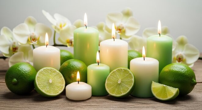 Soothing spa ambiance with glowing candles, vibrant limes, and soft orchids arranged on a weathered wooden table for ultimate relaxation
