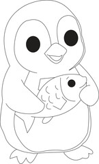 Happy cartoon penguin holding a fish, cheerful line art drawing