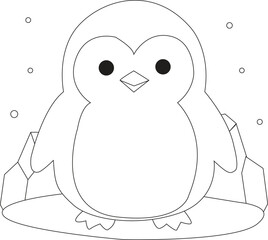 Coloring book page with a cute cartoon penguin on an ice floe