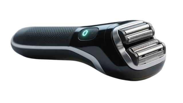 Close-up of a modern black and silver electric razor tool isolated on a white background