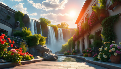 Beautiful view of the street with waterfalls, in flowers and sunshine. Digital fresco, mural. Wallpaper, flat design. White tone