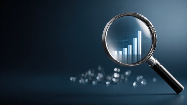Magnifying glass highlights business growth chart with upward trend. Generative AI analysis financial success stock increase profit investment statistic performance market economy improvement