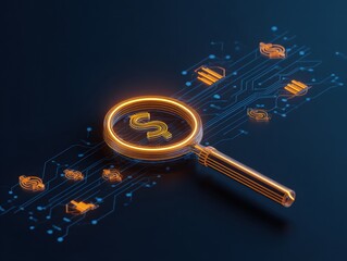 Magnifying glass highlights business growth chart with upward trend. Generative AI analysis financial success stock increase profit investment statistic performance market economy improvement