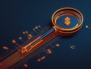 Magnifying glass highlights business growth chart with upward trend. Generative AI analysis financial success stock increase profit investment statistic performance market economy improvement