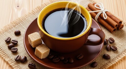 Steaming cup of black coffee on a saucer with sugar cubes, coffee beans, and cinnamon sticks, perfect for a morning beverage
