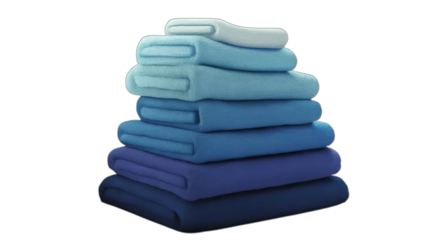 Stack of blue rubber gloves, rubber bands, and towels on white textile