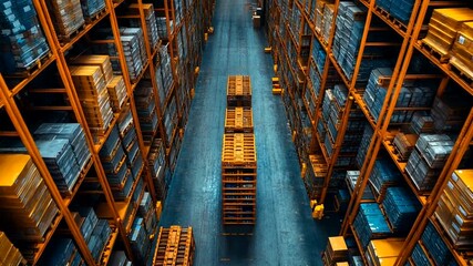 Aerial view of organized warehouse with pallets