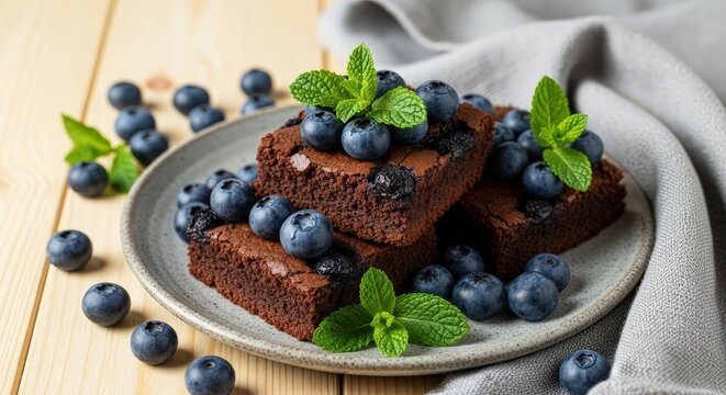 Delicious chocolate brownies topped with fresh blueberries and mint leaves on a rustic wooden table