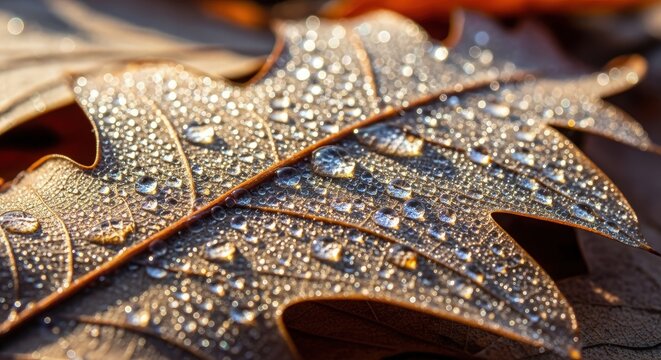 Closeup of a dry oak leaf covered in morning dew drops, highlighting its texture and the delicate water droplets