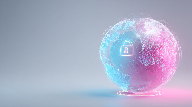 Secure global network illustration, pink and blue digital earth with padlock, internet security for international business, data protection worldwide