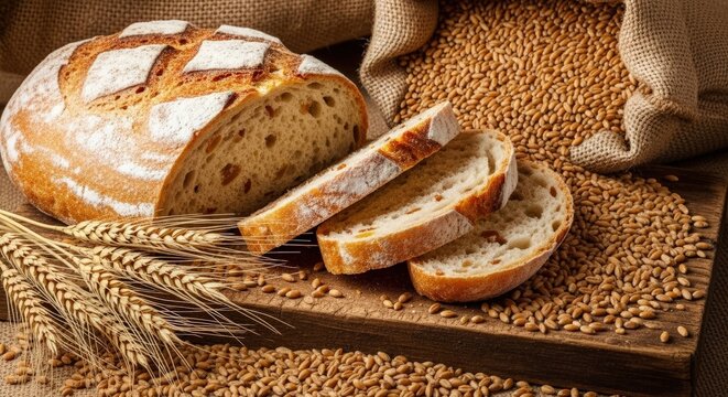 Artisan sourdough bread, sliced and presented with wheat stalks and a sack of grains, evoking rustic charm and wholesome goodness