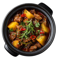 Delicious beef stew with potatoes, rosemary, and chili peppers in a pot  on white background.