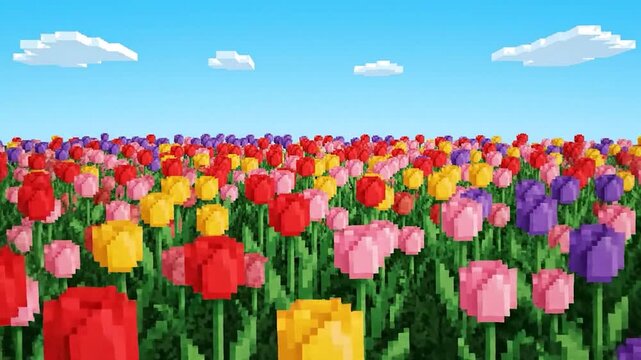 A vibrant field of pixelated tulips in various colors under a bright blue sky with white clouds