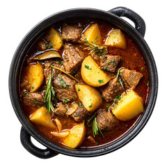Hearty beef stew with potatoes and herbs in a cast iron pot  on white background.