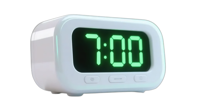 Digital alarm clock with white background showing time and temperature
