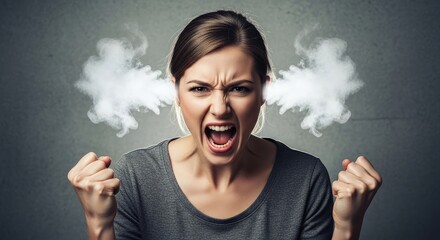 Furious woman with steam coming out of her ears, screaming in anger and frustration, clenching fists, aggressive expression, dark background
