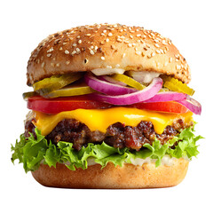 Delicious cheeseburger with fresh toppings  on white background.