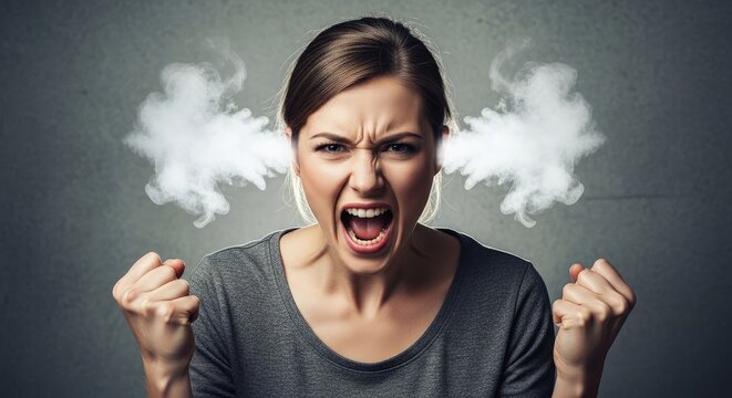Furious woman with steam coming out of her ears, screaming in anger and frustration, clenching fists, aggressive expression, dark background