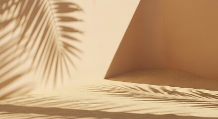 Sunlight casts palm leaf shadows on a sandy surface and a beige wall, creating a tropical ambiance background image