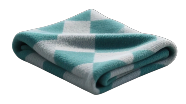 A colorful pile of clean, folded cotton towels, including a stack of blue ones, isolated on white fabric