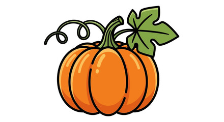 Illustration of a pumpkin with a green leaf and curly vines, outlined in black.