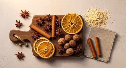 Festive Still Life with Spices and Dried Oranges on Wooden Board.
