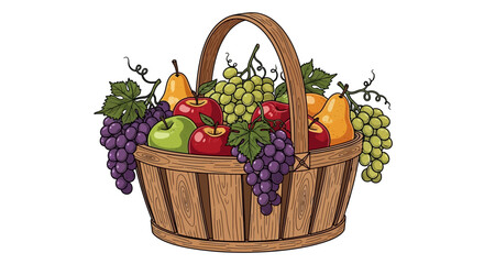 A vibrant illustration of a rustic wooden basket overflowing with fresh, ripe fruits like apples, grapes, and pears.