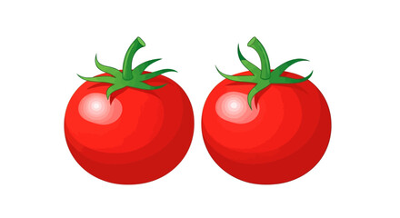 Two vibrant red tomatoes with green stems on a clean white background, appearing fresh and ripe for culinary use.