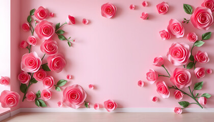 Pink Roses Background Interior Wall Decoration Design, papercraft. White tone
