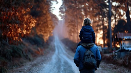A father carries his child on his shoulders as they walk down a dusty path through a forest in autumn.