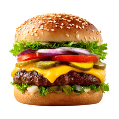 Delicious cheeseburger with fresh toppings  on white background.