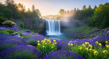 Waterfall cascading into a serene pool surrounded by vibrant flowers and trees