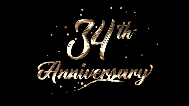 34th anniversary text animation in golden metallic effect. suitable for celebrating special occasions, invitations, anniversary cards and social media. Includes alpha channel for any background.