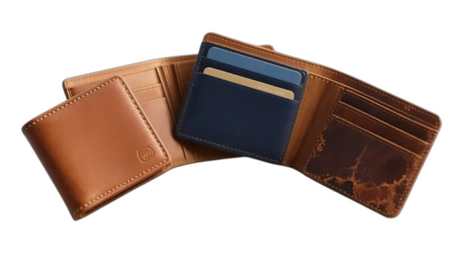 Brown leather wallet open with euro currency and cash